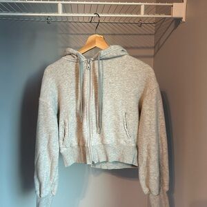 Aerie Gray Cropped Ribbed Long Sleeve Hoodie